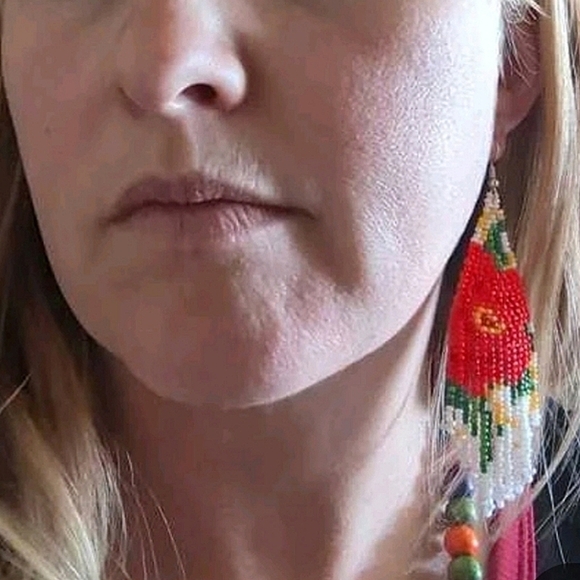 💖 2/$30 Seed Bead long tassel boho white red floral rose drop earrings Festival - Picture 13 of 17